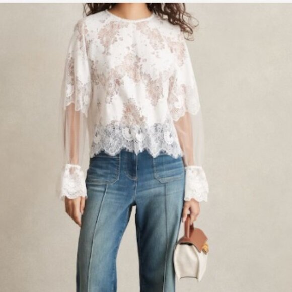 REISS ! Emilia Lace Flared-Cuff Blouse in Ivory ( US/6) - Picture 3 of 11